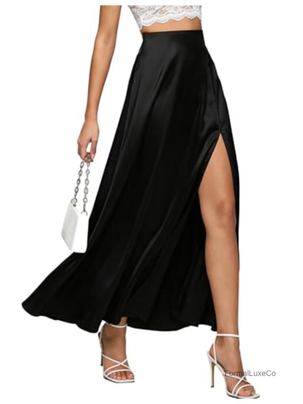 Satin Maxi Skirt High Waisted Side Slit Pockets A-Line Long